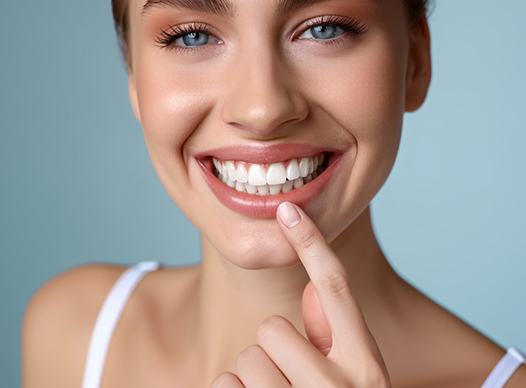 Beautiful woman pointing at her healthy smile